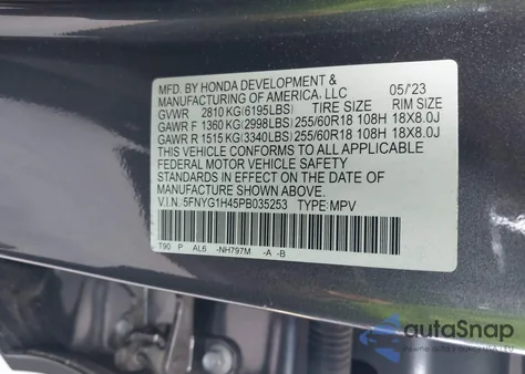 2023 Honda Pilot Awd Ex-L 8 Passenger z USA, uszkodzony, nr VIN 5FNYG1H45PB035253
